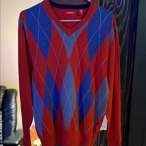 Izod Men's V-Neck Sweater in Burnt   Orange, Grey and Blue Argyle